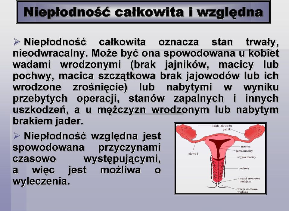 jajowodów lub ich wrodzone zrośnięcie) lub nabytymi w wyniku przebytych operacji, stanów zapalnych i innych uszkodzeń,