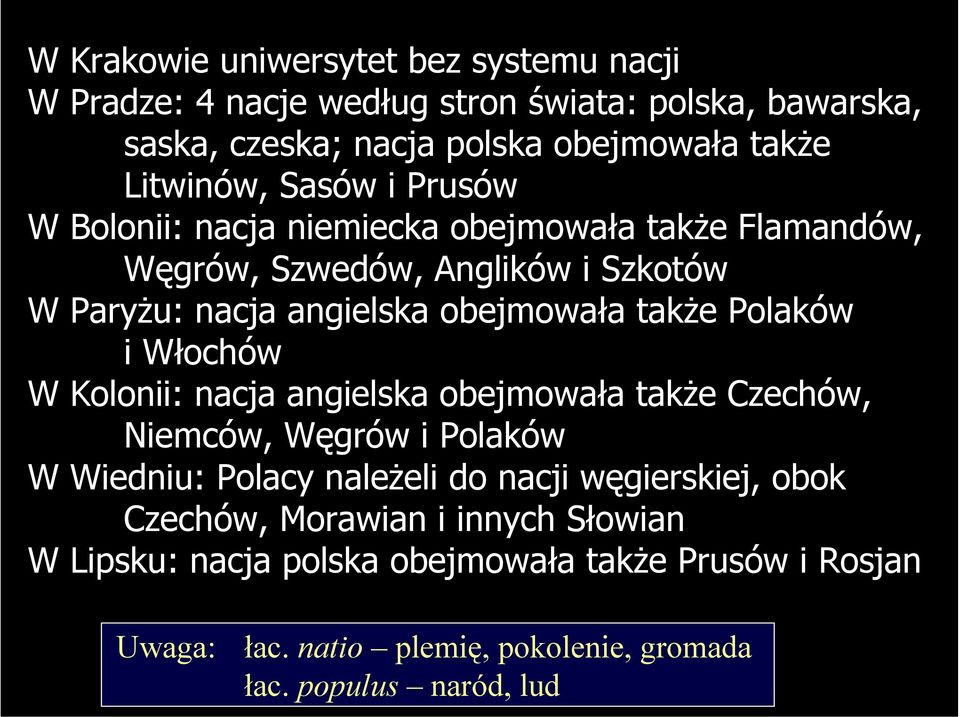 Polaków iwłochów W Kolonii: nacja angielska obejmowała także Czechów, Niemców, Węgrów i Polaków W Wiedniu: Polacy należeli do nacji węgierskiej, obok