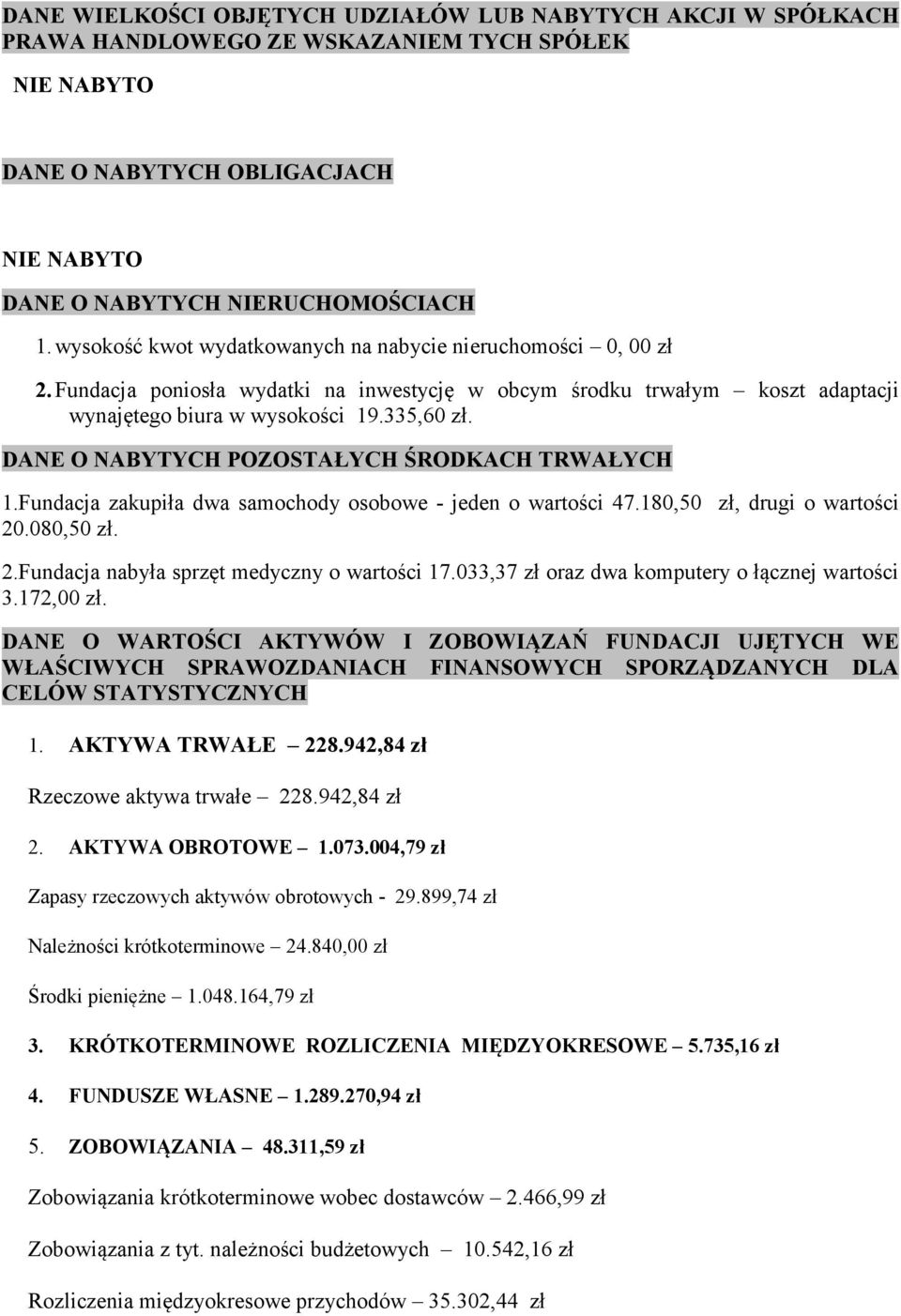 DANE O NABYTYCH POZOSTAŁYCH ŚRODKACH TRWAŁYCH 1.Fundacja zakupiła dwa samochody osobowe - jeden o wartości 47.180,50 zł, drugi o wartości 20.080,50 zł. 2.Fundacja nabyła sprzęt medyczny o wartości 17.