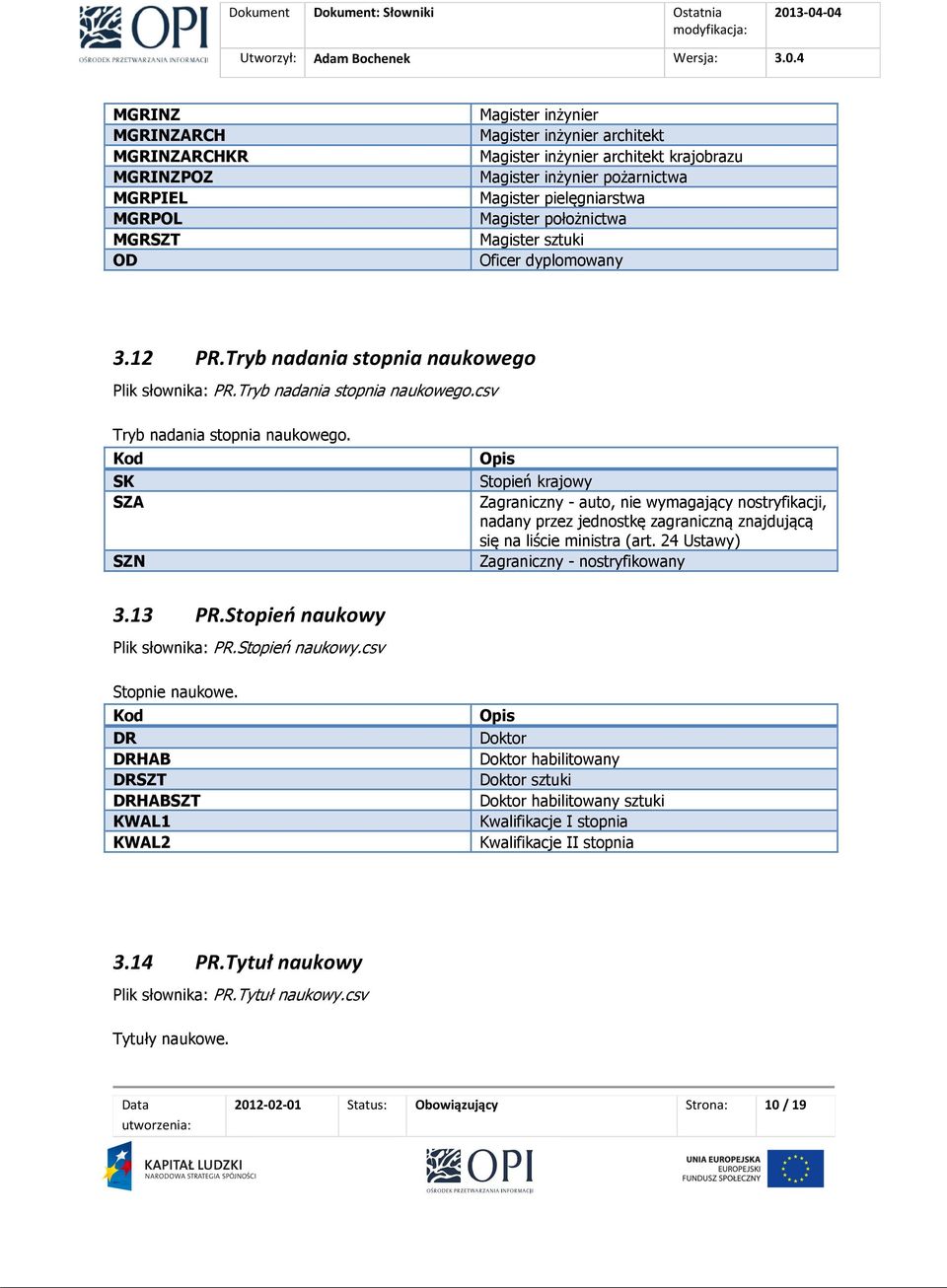 SK SZA SZN Stopień krajowy Zagraniczny - auto, nie wymagający nostryfikacji, nadany przez jednostkę zagraniczną znajdującą się na liście ministra (art. 24 Ustawy) Zagraniczny - nostryfikowany 3.13 PR.