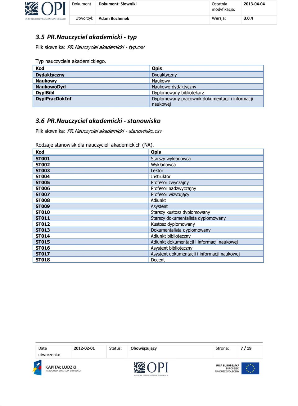 Nauczyciel akademicki - stanowisko Plik słownika: PR.Nauczyciel akademicki - stanowisko.csv Rodzaje stanowisk dla nauczycieli akademickich (NA).