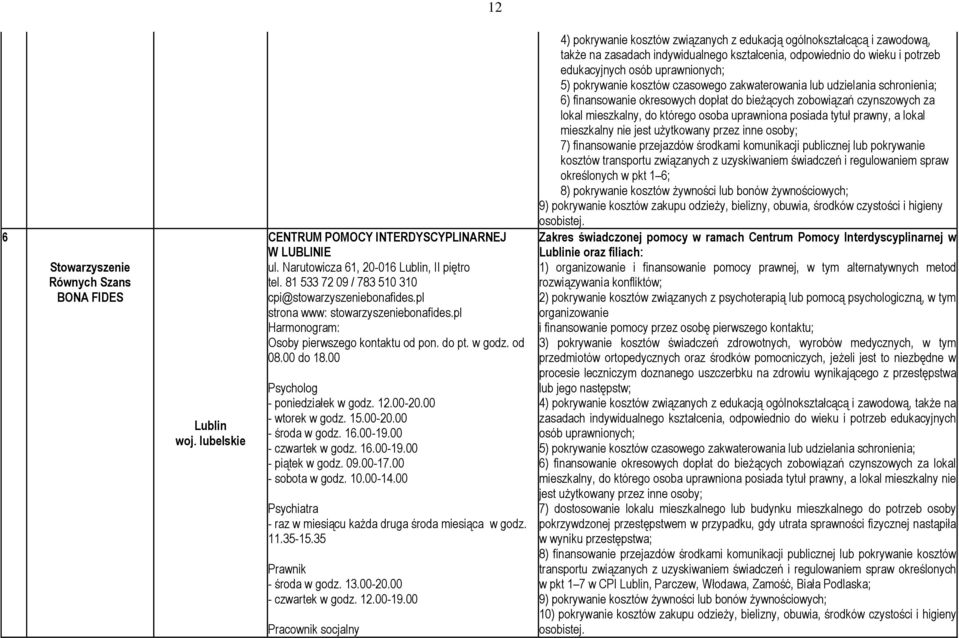 00 Psycholog - poniedziałek w godz. 12.00-20.00 - wtorek w godz. 15.00-20.00 - środa w godz. 16.00-19.00 - czwartek w godz. 16.00-19.00 - piątek w godz. 09.00-17.00 - sobota w godz. 10.00-14.