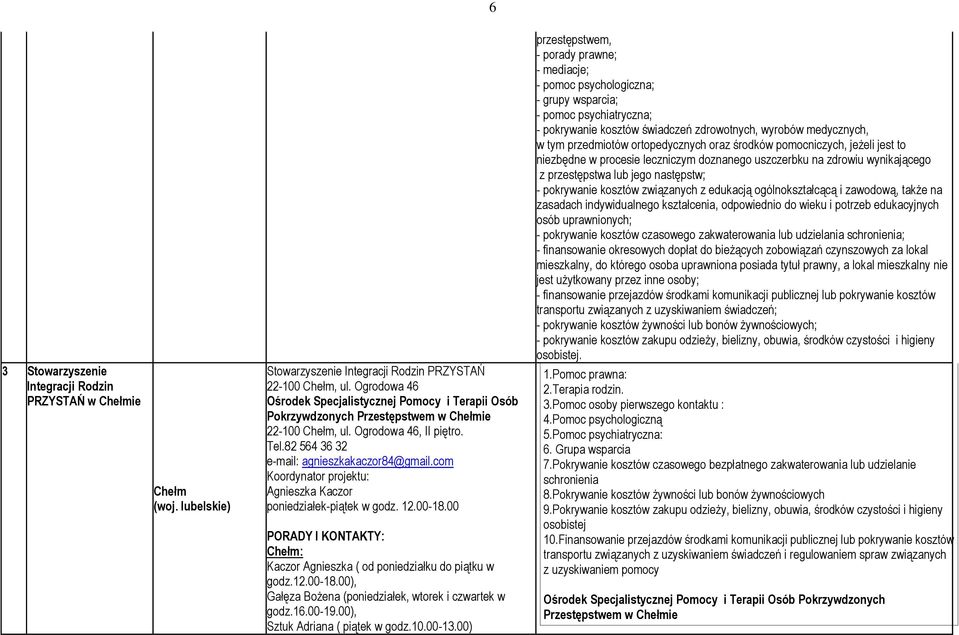 com Koordynator projektu: Agnieszka Kaczor poniedziałek-piątek w godz. 12.00-18.00 PORADY I KONTAKTY: Chełm: Kaczor Agnieszka ( od poniedziałku do piątku w godz.12.00-18.00), Gałęza Bożena (poniedziałek, wtorek i czwartek w godz.