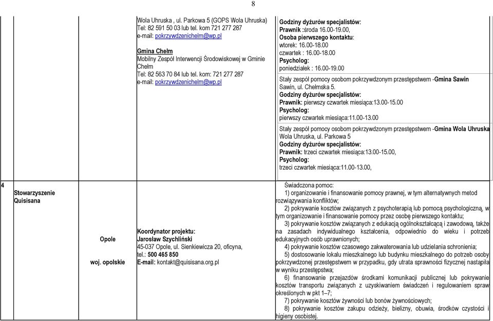 00-19.00, Osoba pierwszego kontaktu: wtorek: 16.00-18.00 czwartek : 16.00-18.00 Psycholog: poniedziałek : 16.00-19.00 Stały zespół pomocy osobom pokrzywdzonym przestępstwem -Gmina Sawin Sawin, ul.