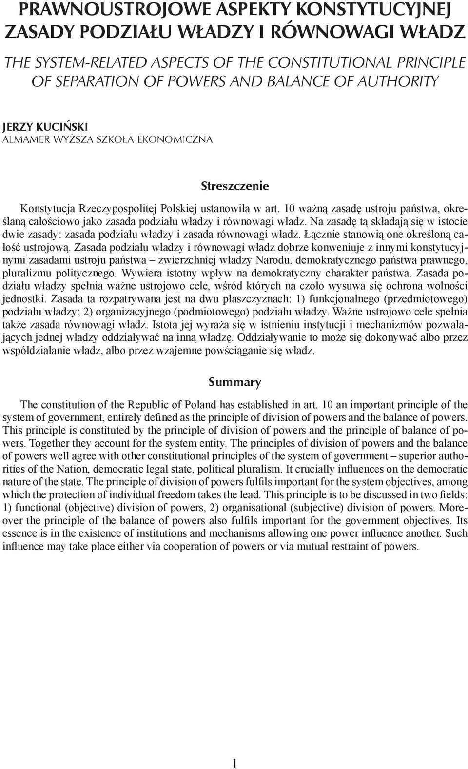 Jerzy Kuciński almamer wyższa szkoła ekonomiczna Konstytucja Rzeczypospolitej Polskiej ustanowiła w art.