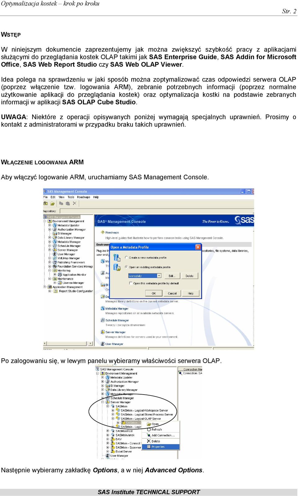 logowania ARM), zebranie potrzebnych informacji (poprzez normalne użytkowanie aplikacji do przeglądania kostek) oraz optymalizacja kostki na podstawie zebranych informacji w aplikacji SAS OLAP Cube