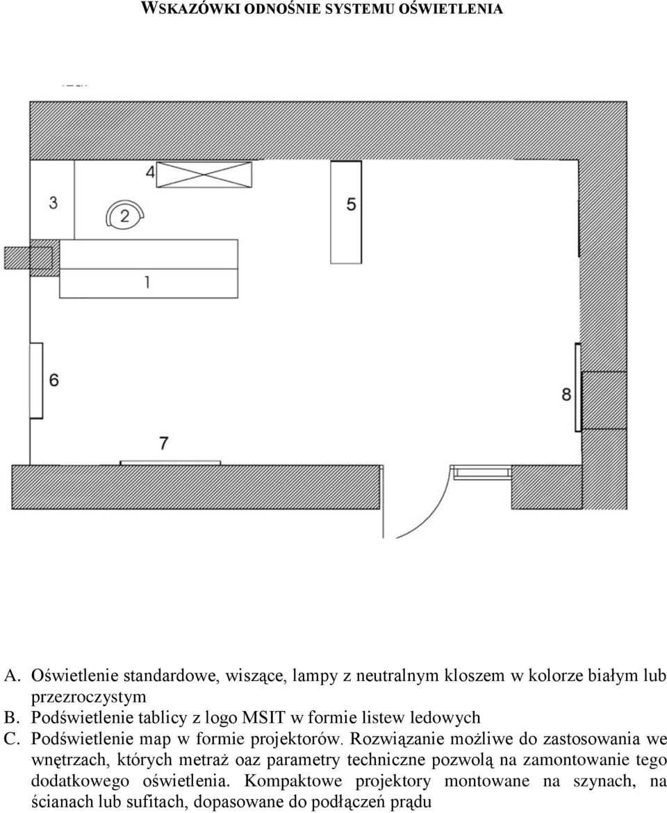 Podświetlenie tablicy z logo MSIT w formie listew ledowych C. Podświetlenie map w formie projektorów.