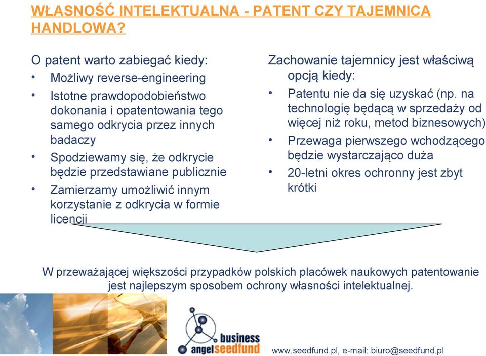 odkrycie będzie przedstawiane publicznie Zamierzamy umożliwić innym korzystanie z odkrycia w formie licencji Zachowanie tajemnicy jest właściwą opcją kiedy: Patentu nie da się