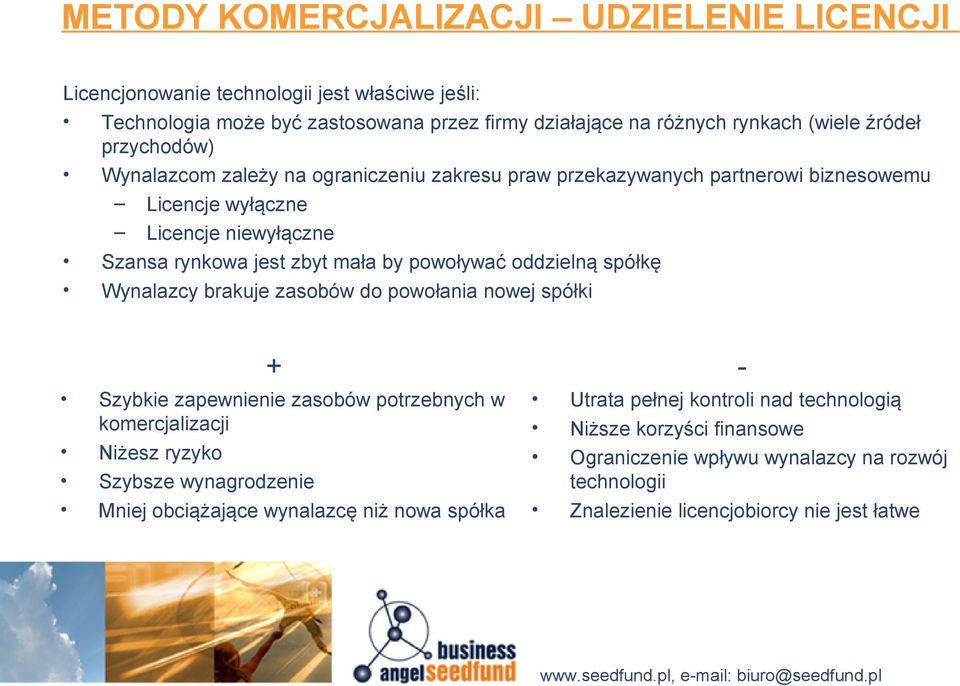 oddzielną spółkę Wynalazcy brakuje zasobów do powołania nowej spółki + Szybkie zapewnienie zasobów potrzebnych w komercjalizacji Niżesz ryzyko Szybsze wynagrodzenie Mniej obciążające