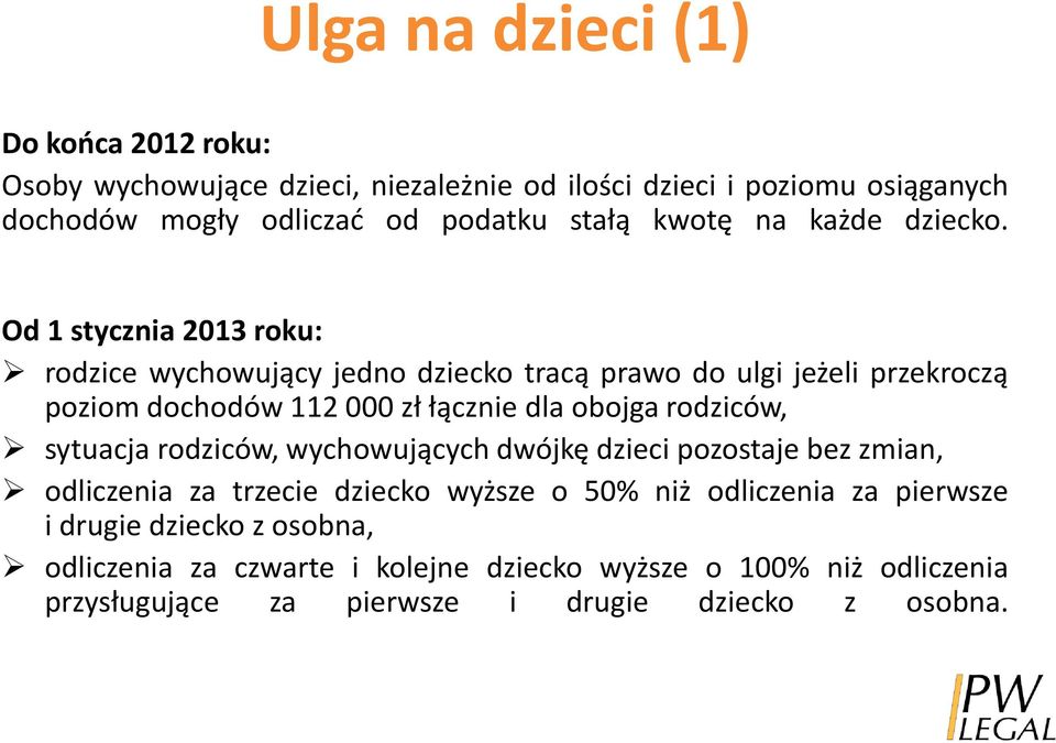 Od 1 stycznia 2013 roku: rodzice wychowujący jedno dziecko tracą prawo do ulgi jeżeli przekroczą poziom dochodów 112 000 zł łącznie dla obojga rodziców,