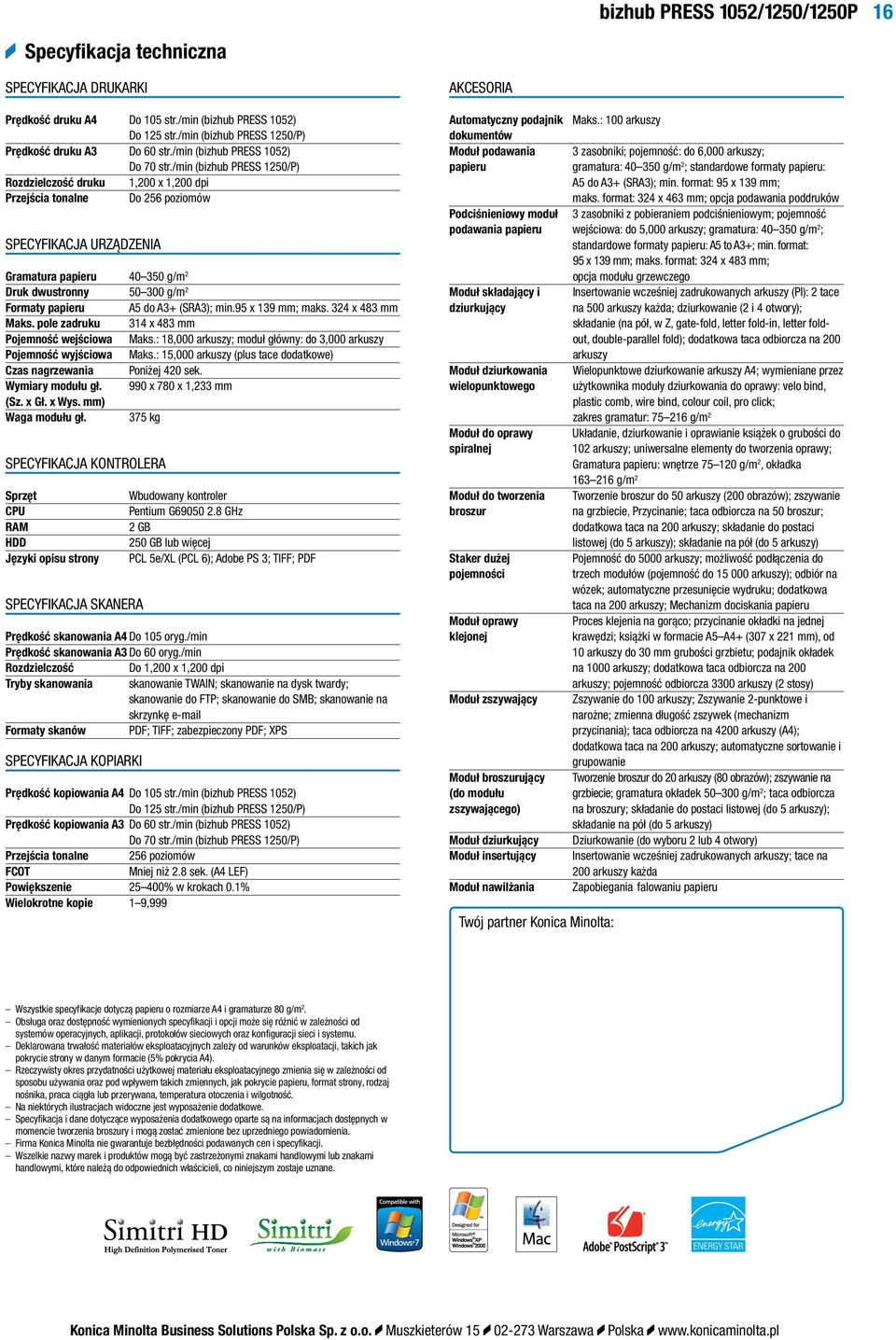 /min (bizhub PRESS 1250/P) Rozdzielczość druku 1,200 x 1,200 dpi Przejścia tonalne Do 256 poziomów Specyfikacja urządzenia Gramatura papieru 40 350 g/m 2 Druk dwustronny 50 300 g/m 2 Formaty papieru