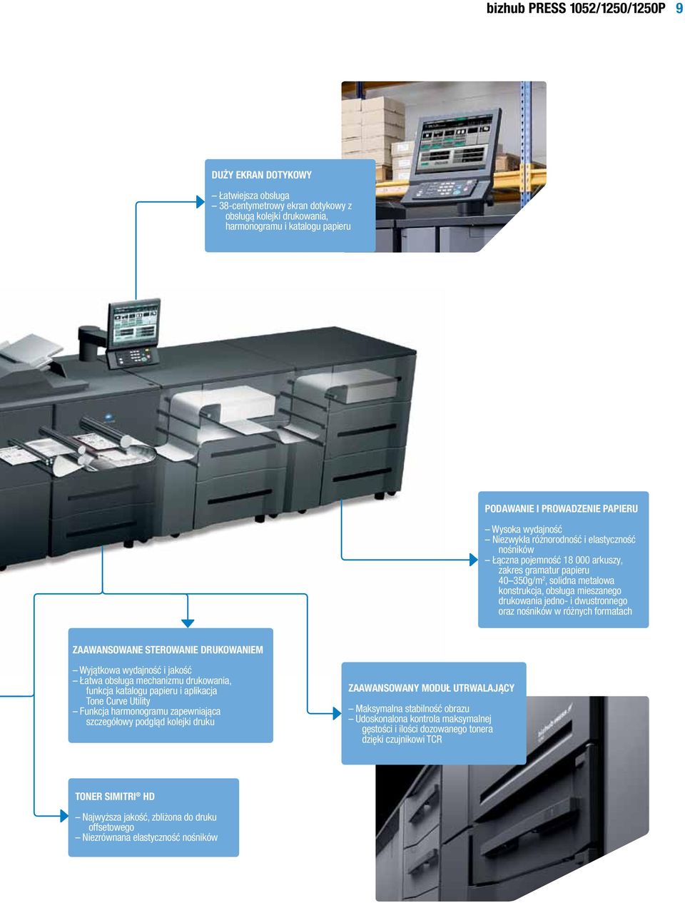 jedno- i dwustronnego oraz nośników w różnych formatach Zaawansowane sterowanie drukowaniem Wyjątkowa wydajność i jakość Łatwa obsługa mechanizmu drukowania, funkcja katalogu papieru i aplikacja Tone