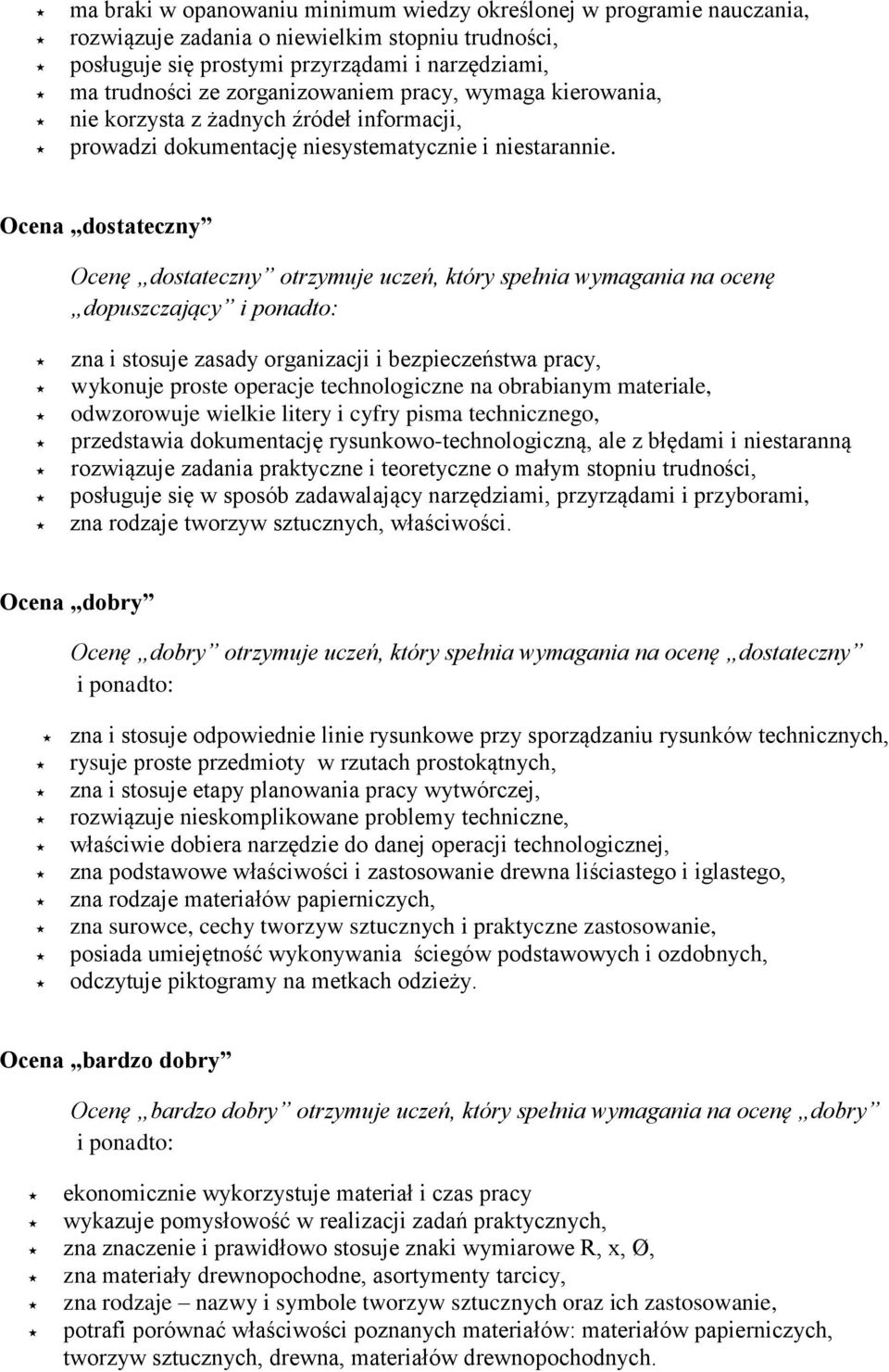 Ocena dostateczny Ocenę dostateczny otrzymuje uczeń, który spełnia wymagania na ocenę dopuszczający zna i stosuje zasady organizacji i bezpieczeństwa pracy, wykonuje proste operacje technologiczne na