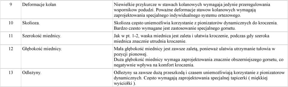 Skolioza często uniemożliwia korzystanie z pionizatorów dynamicznych do kroczenia. Bardzo czesto wymagane jest zastosowanie specjalnego gorsetu. 11 Szerokość miednicy. Jak w pt.