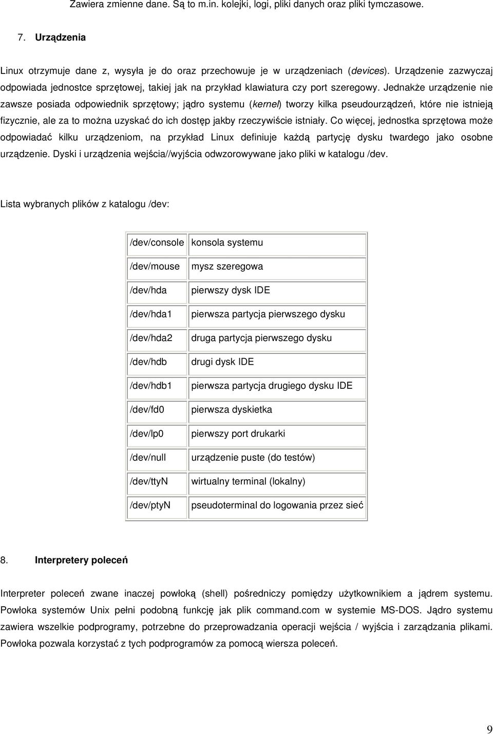 Jednakże urządzenie nie zawsze posiada odpowiednik sprzętowy; jądro systemu (kernel) tworzy kilka pseudourządzeń, które nie istnieją fizycznie, ale za to można uzyskać do ich dostęp jakby