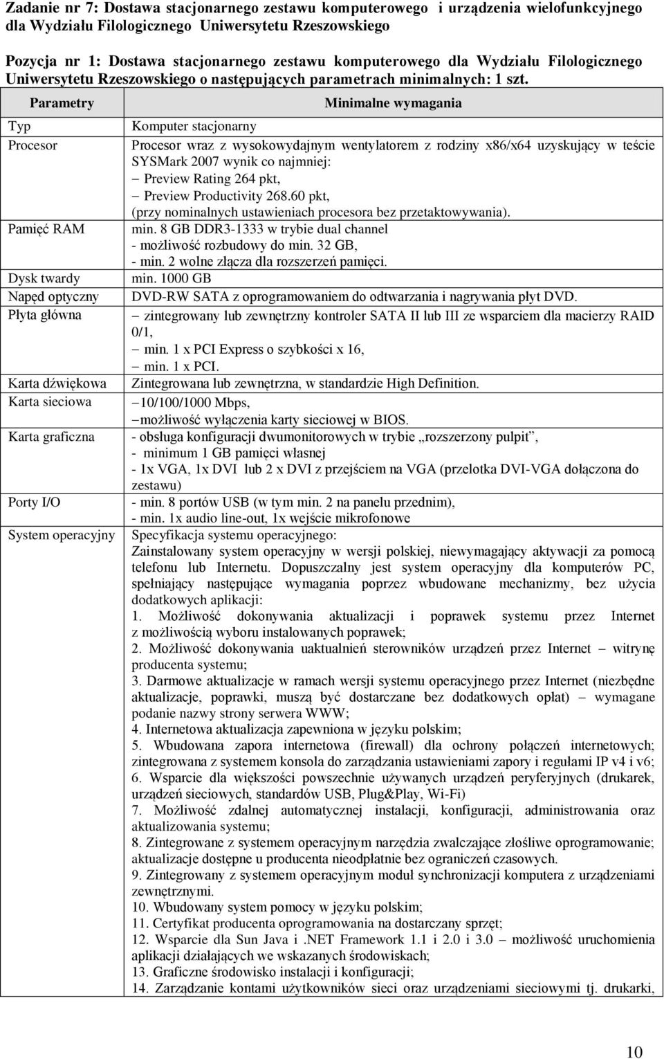 Parametry Typ Procesor Pamięć RAM Dysk twardy Napęd optyczny Płyta główna Karta dźwiękowa Karta sieciowa Karta graficzna Porty I/O System operacyjny Minimalne wymagania Komputer stacjonarny Procesor