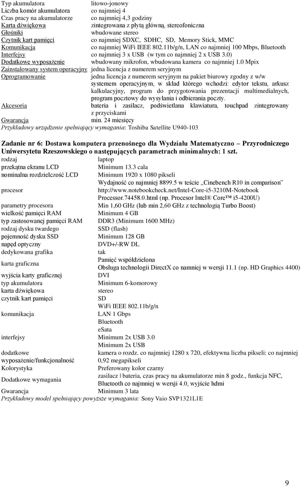 11b/g/n, LAN co najmniej 100 Mbps, Bluetooth Interfejsy co najmniej 3 x USB (w tym co najmniej 2 x USB 3.0) Dodatkowe wyposażenie wbudowany mikrofon, wbudowana kamera co najmniej 1.