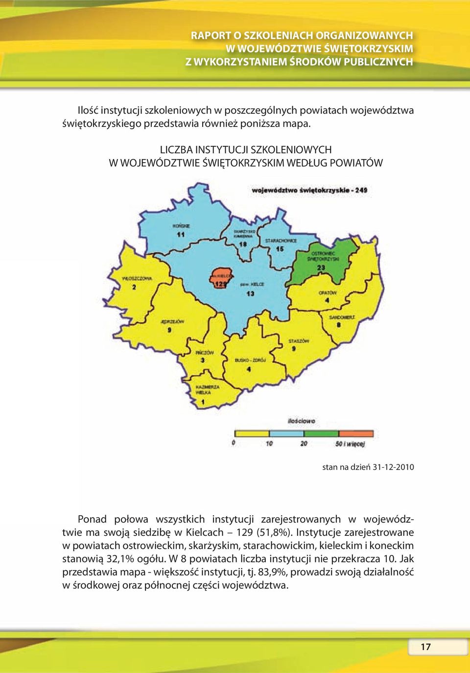 LICZBA INSTYTUCJI SZKOLENIOWYCH W WOJEWÓDZTWIE ŚWIĘTOKRZYSKIM WEDŁUG POWIATÓW stan na dzień 31-12-2010 Ponad połowa wszystkich instytucji zarejestrowanych w województwie ma swoją