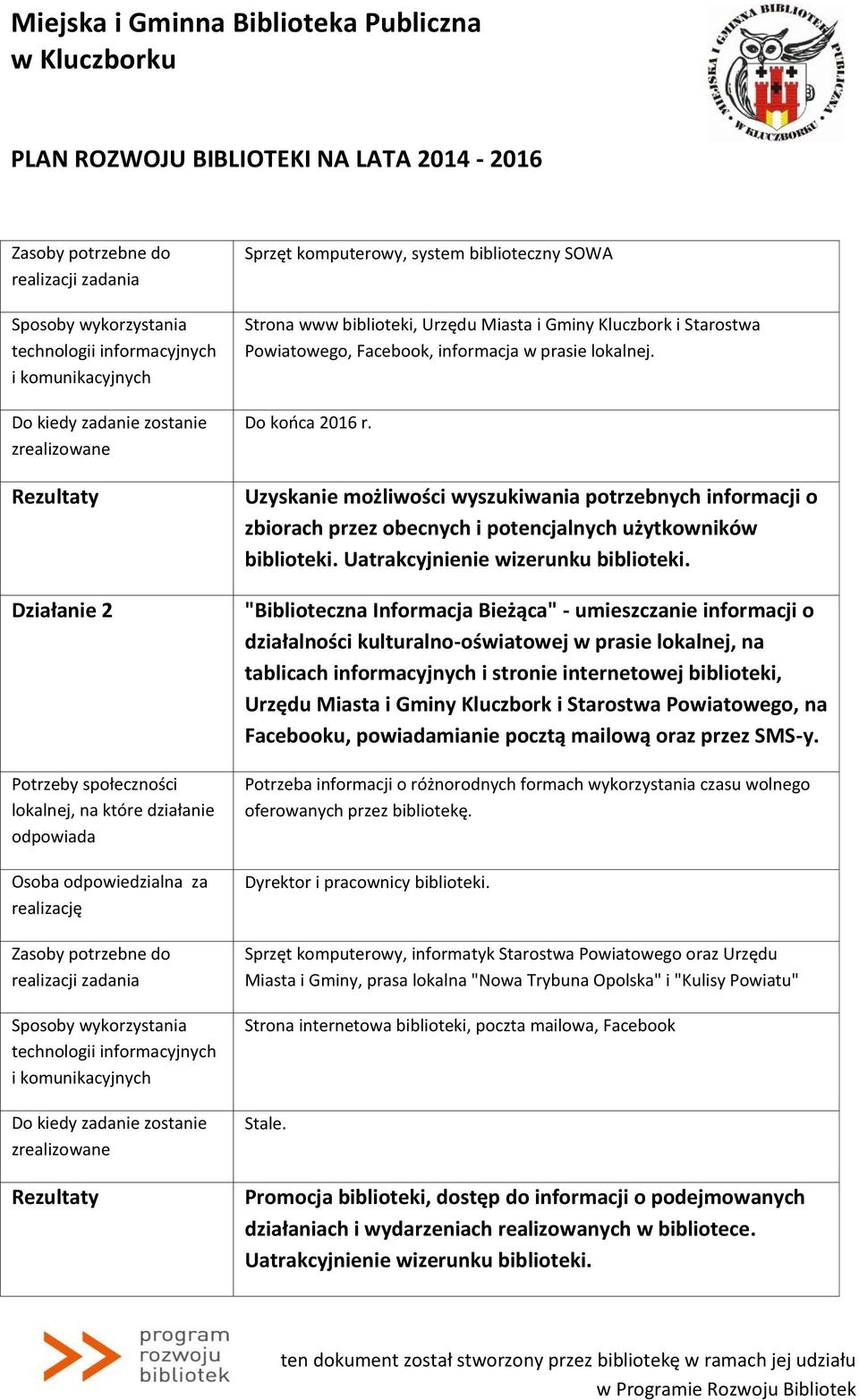 "Biblioteczna Informacja Bieżąca" - umieszczanie informacji o działalności kulturalno-oświatowej w prasie lokalnej, na tablicach informacyjnych i stronie internetowej biblioteki, Urzędu Miasta i