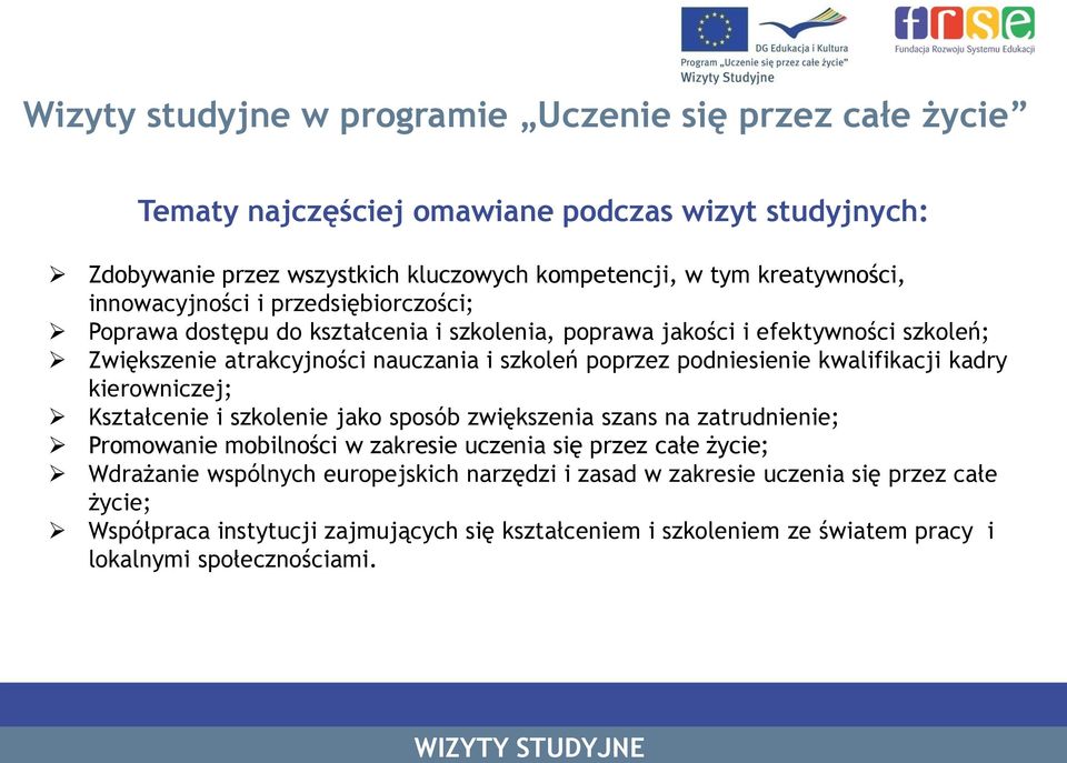 podniesienie kwalifikacji kadry kierowniczej; Kształcenie i szkolenie jako sposób zwiększenia szans na zatrudnienie; Promowanie mobilności w zakresie uczenia się przez całe życie;