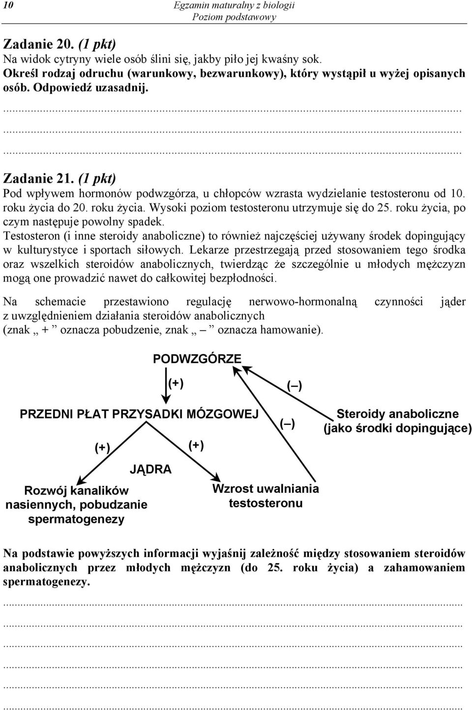 (1 pkt) Pod wpływem hormonów podwzgórza, u chłopców wzrasta wydzielanie testosteronu od 10. roku życia do 20. roku życia. Wysoki poziom testosteronu utrzymuje się do 25.