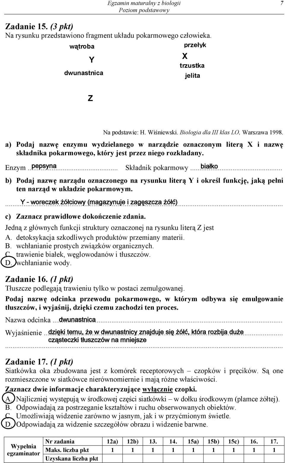 .. pepsyna Składnik pokarmowy... białko b) Podaj nazwę narządu oznaczonego na rysunku literą Y i określ funkcję, jaką pełni ten narząd w układzie pokarmowym.