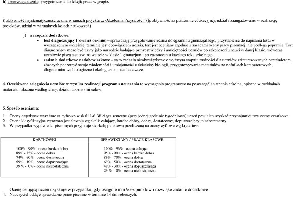 przygotowanie ucznia do egzaminu gimnazjalnego, przystąpienie do napisania testu w wyznaczonym wcześniej terminie jest obowiązkiem ucznia, test jest oceniany zgodnie z zasadami oceny pracy pisemnej,