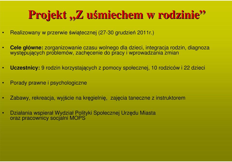 i wprowadzania zmian Uczestnicy: 9 rodzin korzystających z pomocy społecznej, 10 rodziców i 22 dzieci Porady prawne i