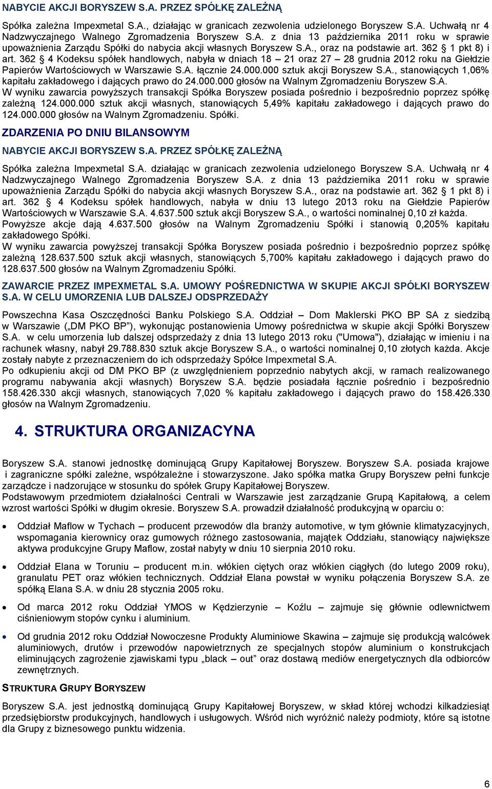362 4 Kodeksu spółek handlowych, nabyła w dniach 18 21 oraz 27 28 grudnia 2012 roku na Giełdzie Papierów Wartościowych w Warszawie S.A. łącznie 24.000.000 sztuk akcji Boryszew S.A., stanowiących 1,06% kapitału zakładowego i dających prawo do 24.