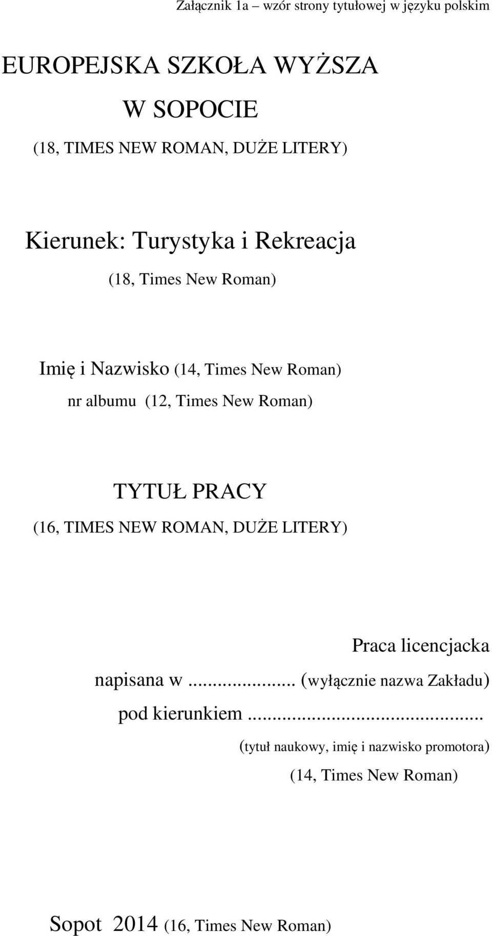 Times New Roman) TYTUŁ PRACY (16, TIMES NEW ROMAN, DUŻE LITERY) Praca licencjacka napisana w.