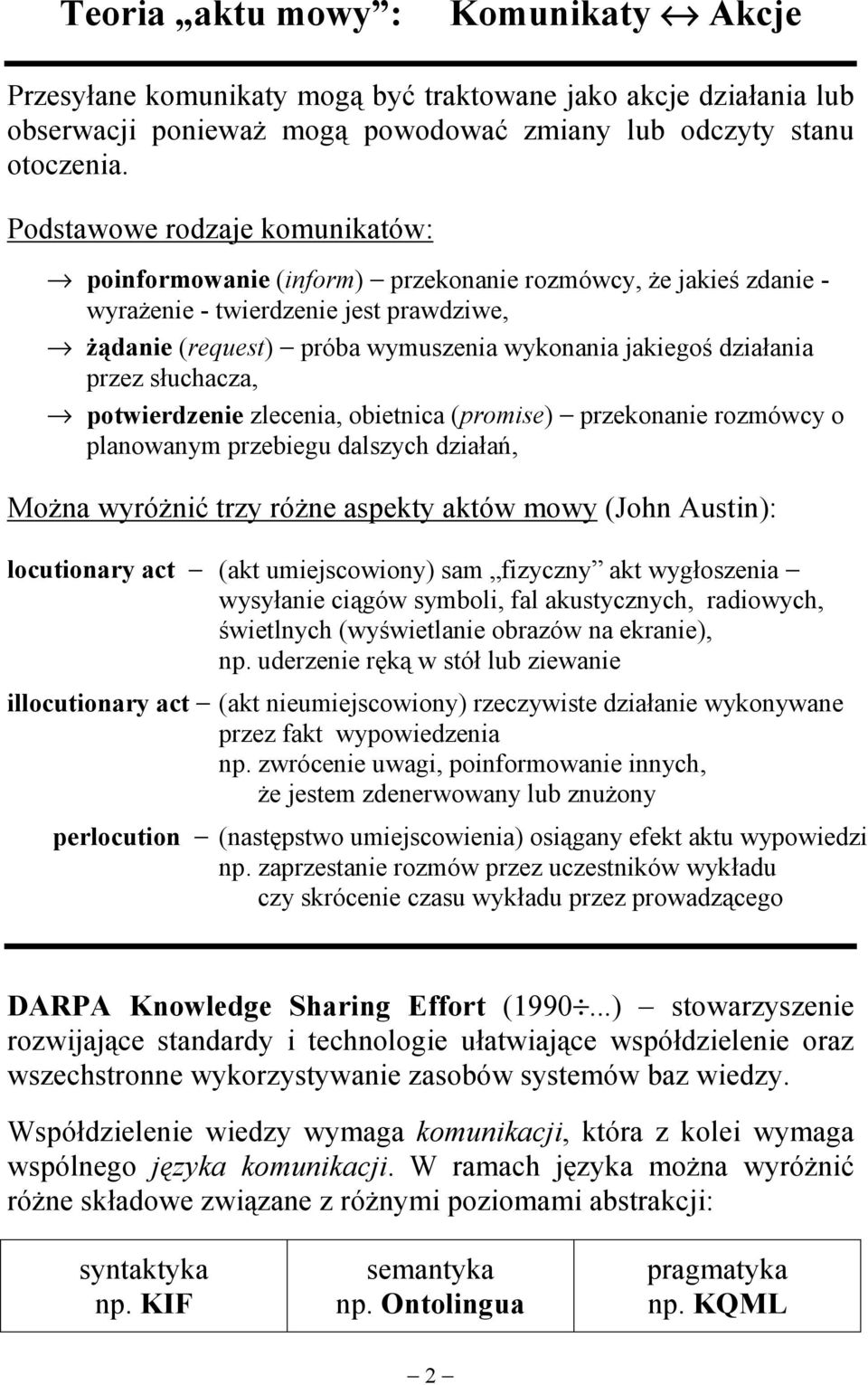 działania przez słuchacza, potwierdzenie zlecenia, obietnica (promise) przekonanie rozmówcy o planowanym przebiegu dalszych działań, Można wyróżnić trzy różne aspekty aktów mowy (John Austin):