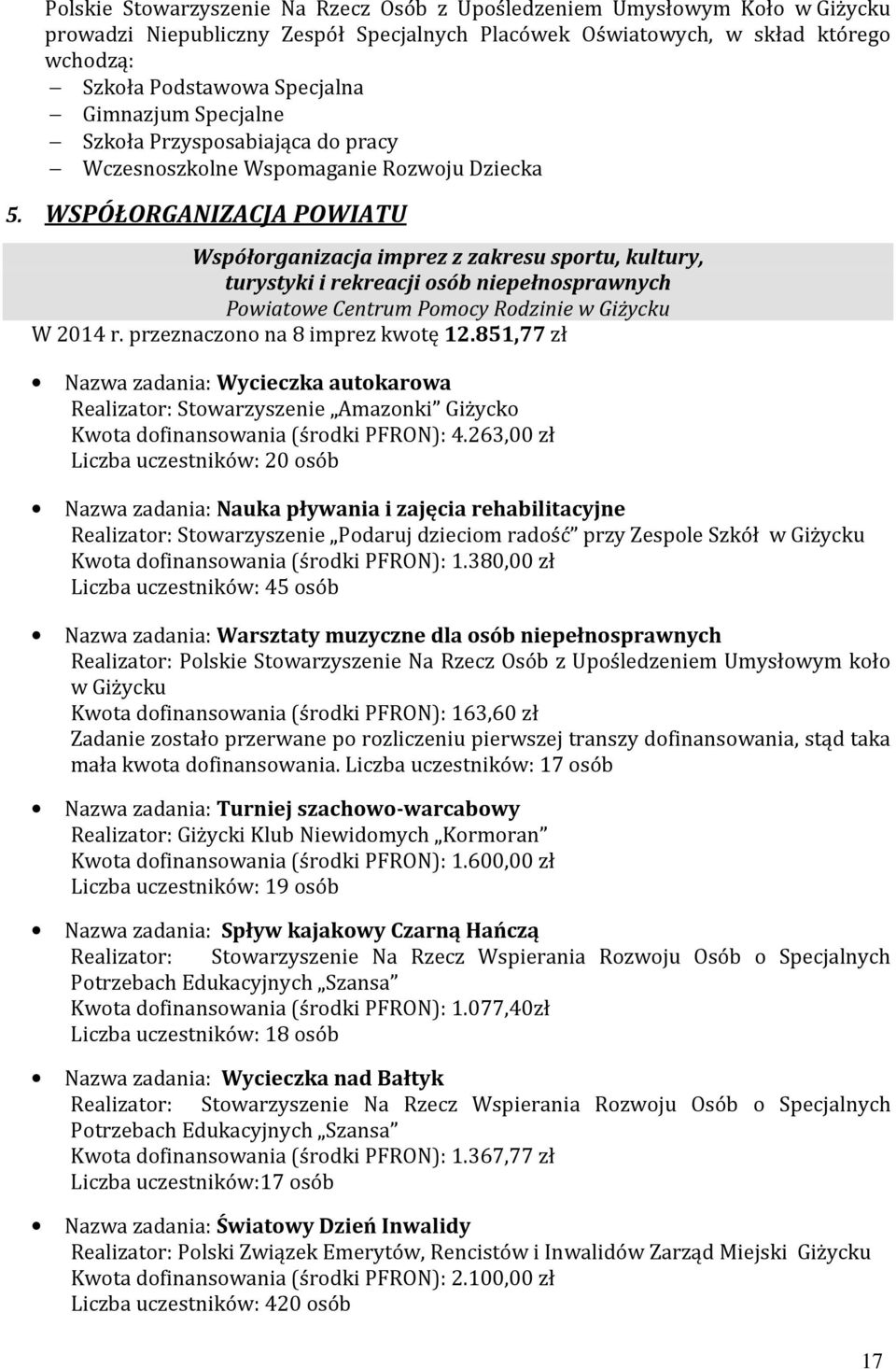 WSPÓŁORGANIZACJA POWIATU Współorganizacja imprez z zakresu sportu, kultury, turystyki i rekreacji osób niepełnosprawnych Powiatowe Centrum Pomocy Rodzinie w Giżycku W 2014 r.