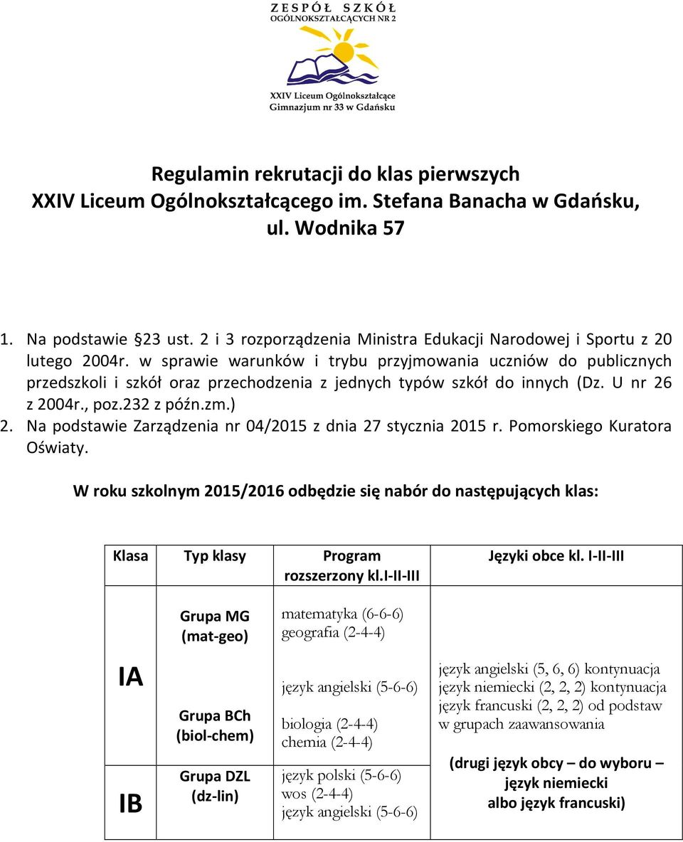 w sprawie warunków i trybu przyjmowania uczniów do publicznych przedszkoli i szkół oraz przechodzenia z jednych typów szkół do innych (Dz. U nr 26 z 2004r., poz.232 z późn.zm.) 2.