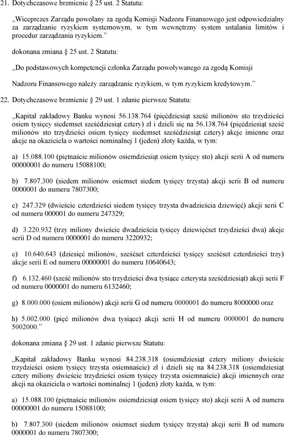 ryzykiem. dokonana zmiana 25 ust. 2 Statutu: Do podstawowych kompetencji członka Zarządu powoływanego za zgodą Komisji Nadzoru Finansowego należy zarządzanie ryzykiem, w tym ryzykiem kredytowym. 22.