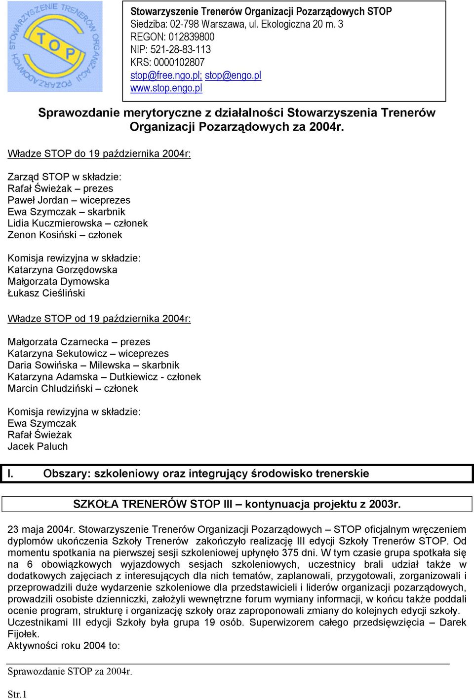 składzie: Katarzyna Gorzędowska Małgorzata Dymowska Łukasz Cieśliński Władze STOP od 19 października 2004r: Małgorzata Czarnecka prezes Katarzyna Sekutowicz wiceprezes Daria Sowińska Milewska