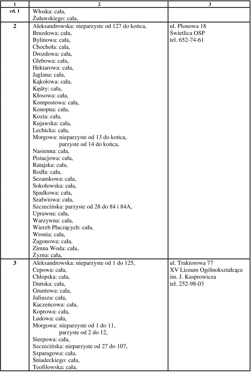 Lechicka: cała, Morgowa: nieparzyste od 13 do końca, parzyste od 14 do końca, Nasienna: cała, Pistacjowa: cała, Ratajska: cała, Rodła: cała, Sezamkowa: cała, Sokołowska: cała, Spadkowa: cała,