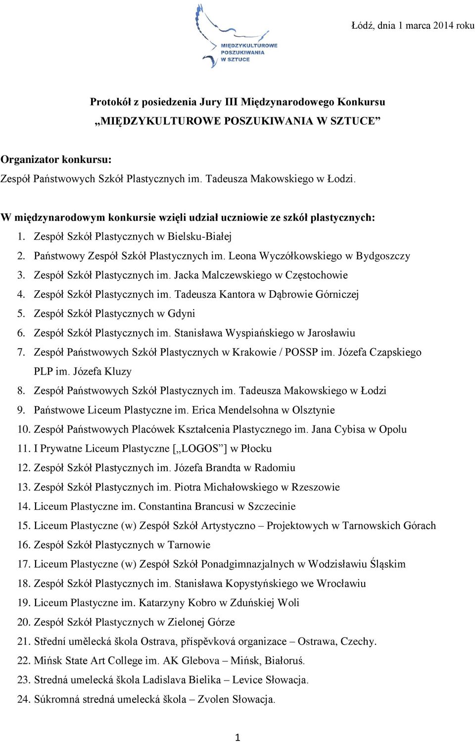 Leona Wyczółkowskiego w Bydgoszczy 3. Zespół Szkół Plastycznych im. Jacka Malczewskiego w Częstochowie 4. Zespół Szkół Plastycznych im. Tadeusza Kantora w Dąbrowie Górniczej 5.