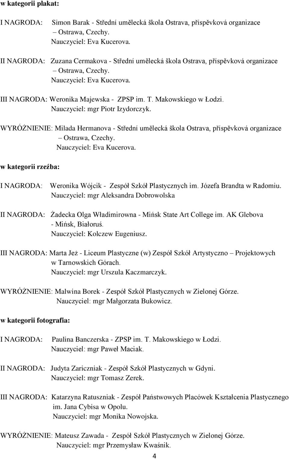 Nauczyciel: mgr Piotr Izydorczyk. WYRÓŻNIENIE: Milada Hermanova - Střední umělecká škola Ostrava, příspěvková organizace Ostrawa, Czechy. Nauczyciel: Eva Kucerova.