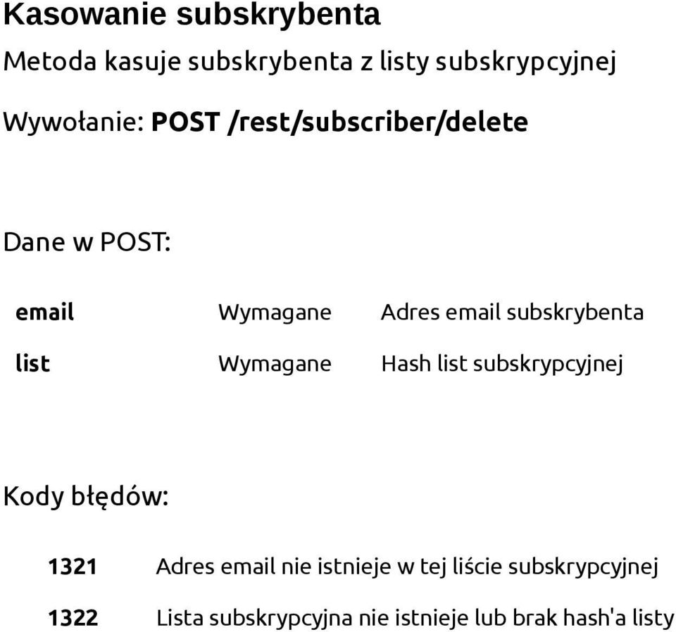 list Wymagane Hash list subskrypcyjnej Kody błędów: 1321 Adres email nie istnieje w