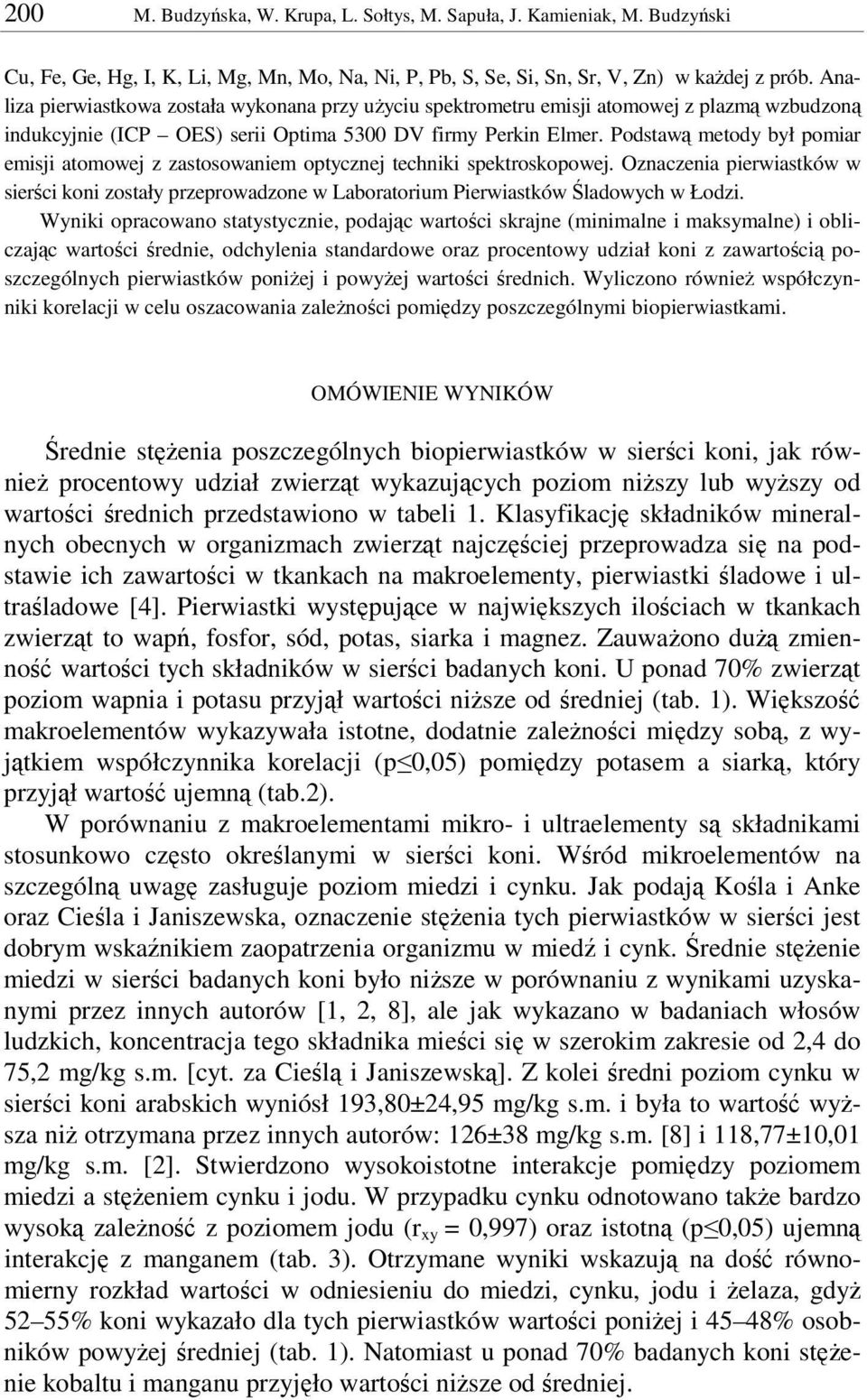 Podstaw metody był pomiar emisji atomowej z zastosowaniem optycznej techniki spektroskopowej. Oznaczenia pierwiastków w sierci koni zostały przeprowadzone w Laboratorium Pierwiastków ladowych w Łodzi.