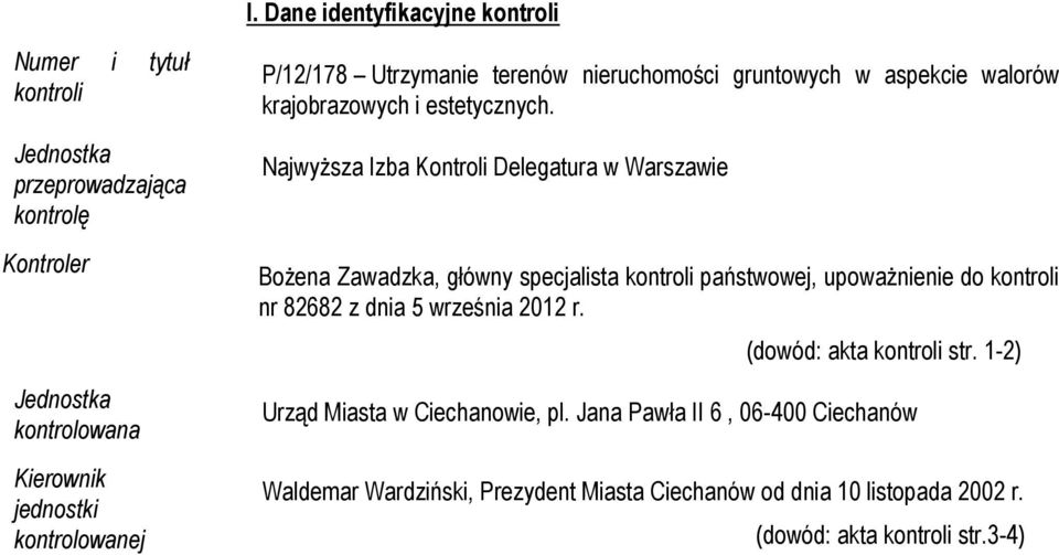 Najwyższa Izba Kontroli Delegatura w Warszawie Bożena Zawadzka, główny specjalista kontroli państwowej, upoważnienie do kontroli nr 82682 z dnia 5 września