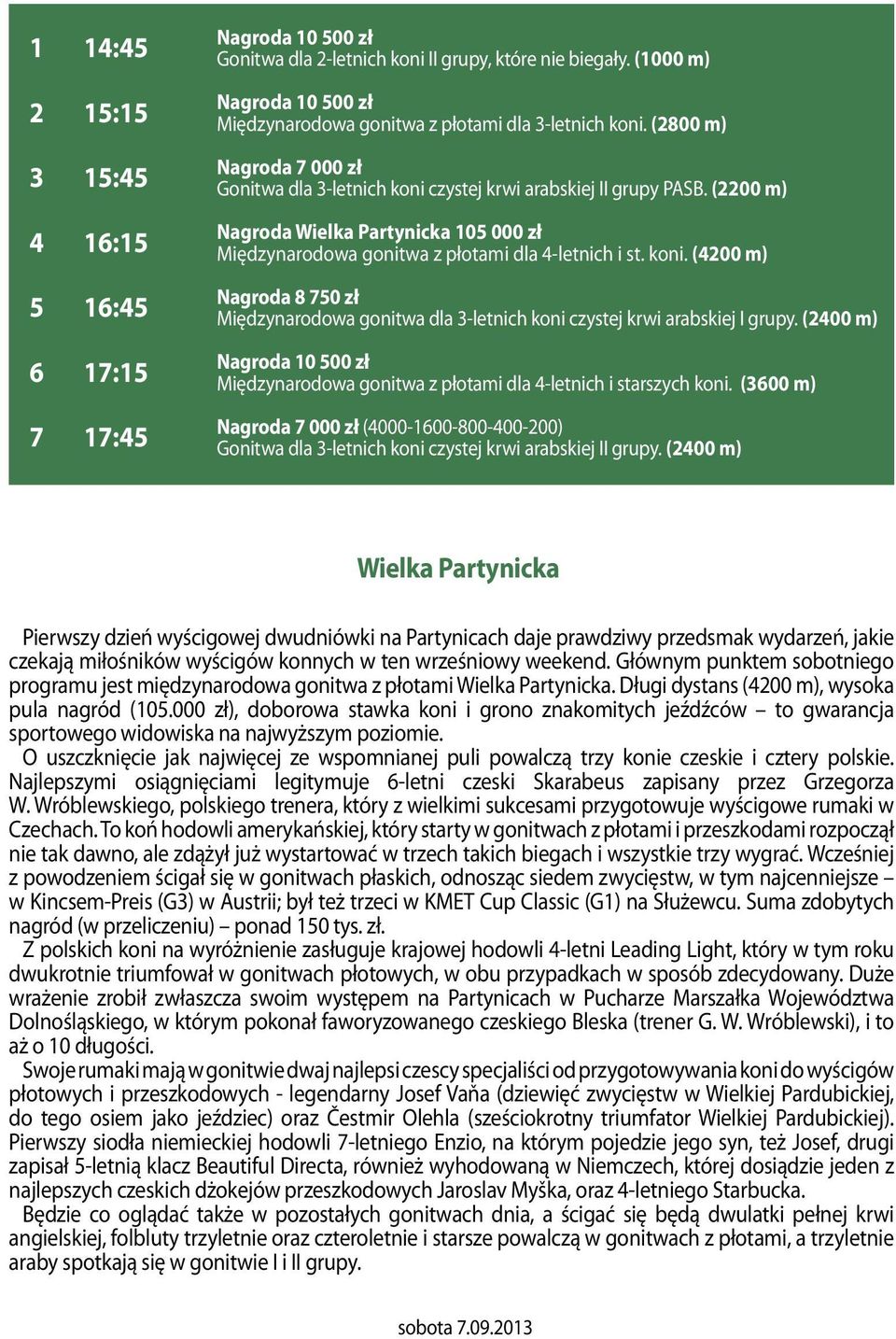 (2200 m) Nagroda Wielka Partynicka 105 000 zł Międzynarodowa gonitwa z płotami dla 4-letnich i st. koni.