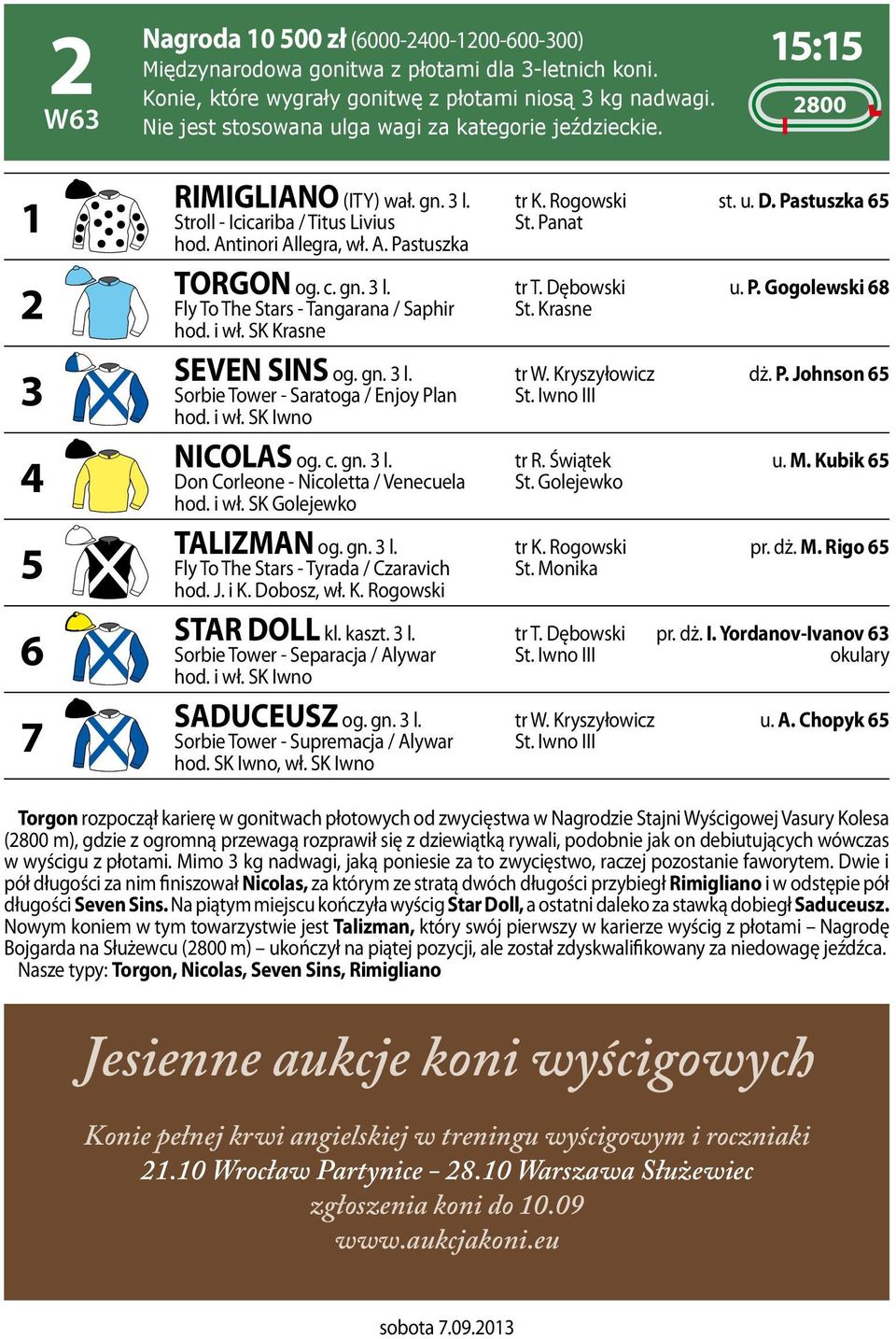 Antinori Allegra, wł. A. Pastuszka TORGON og. c. gn. 3 l. tr T. Dębowski u. P. Gogolewski 68 Fly To The Stars - Tangarana / Saphir St. Krasne hod. i wł. SK Krasne SEVEN SINS og. gn. 3 l. tr W.