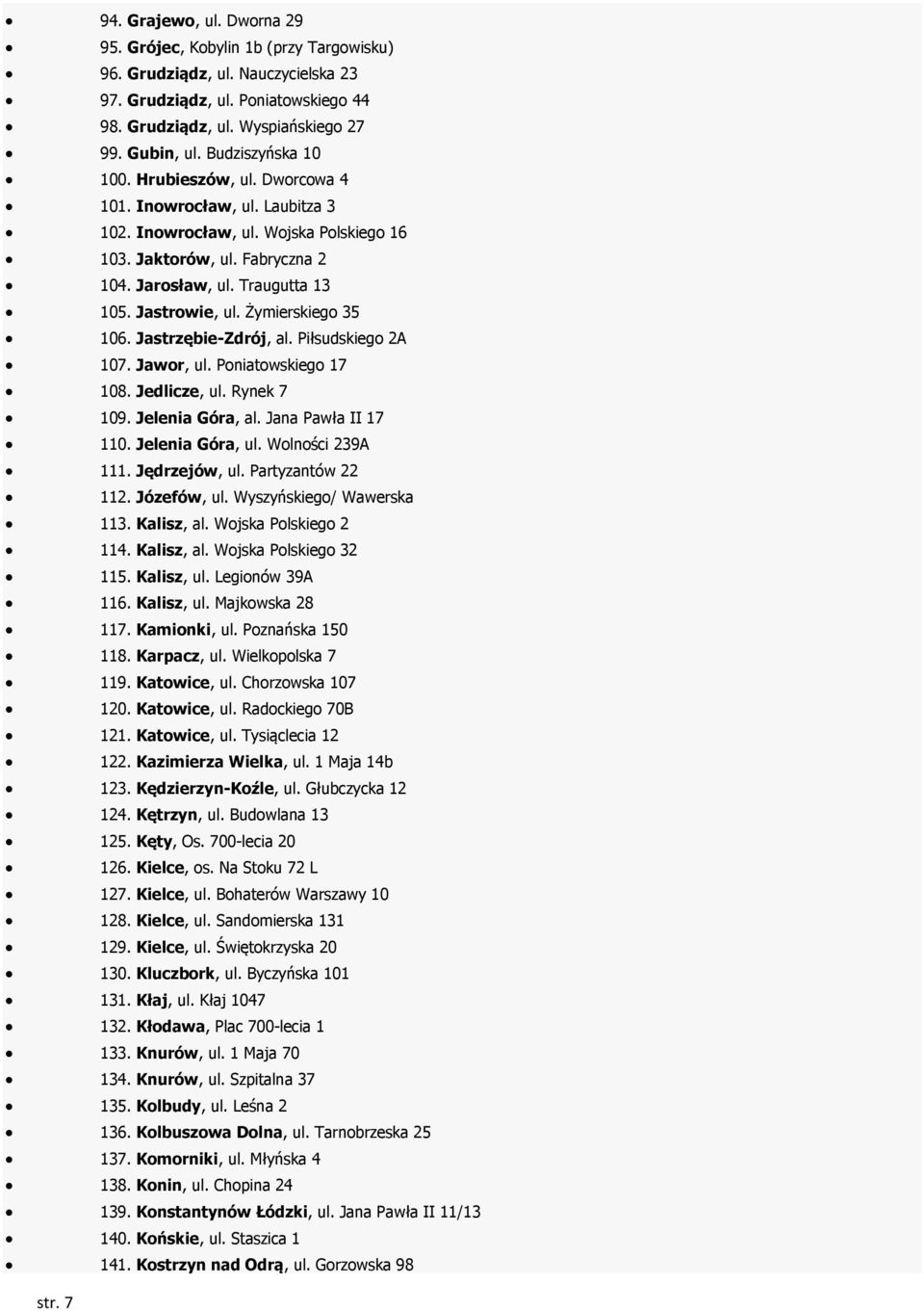 Jastrowie, ul. Żymierskiego 35 106. Jastrzębie-Zdrój, al. Piłsudskiego 2A 107. Jawor, ul. Poniatowskiego 17 108. Jedlicze, ul. Rynek 7 109. Jelenia Góra, al. Jana Pawła II 17 110. Jelenia Góra, ul.
