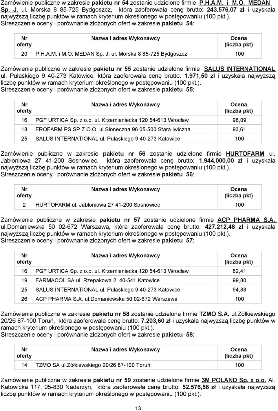 Morska 8 85-725 Bydgoszcz 100 Zamówienie publiczne w zakresie pakietu nr 55 zostanie udzielone firmie SALUS INTERNATIONAL ul. Pułaskiego 9 40-273 Katowice, która zaoferowała cenę brutto: 1.