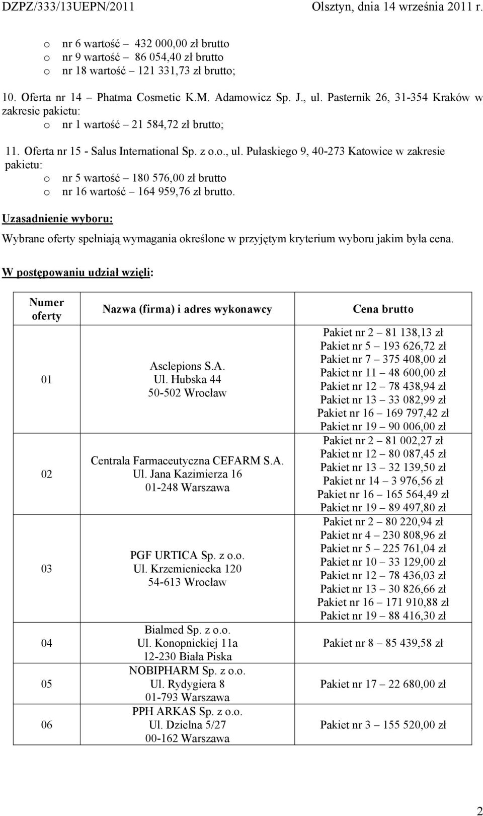 Pułaskiego 9, 40-273 Katowice w zakresie pakietu: o nr 5 wartość 180 576,00 zł brutto o nr 16 wartość 164 959,76 zł brutto.