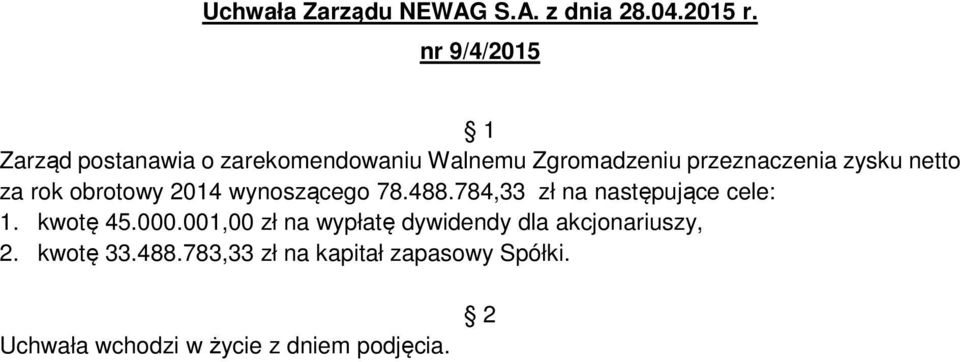 zysku netto za rok obrotowy 2014 wynoszącego 78.488.