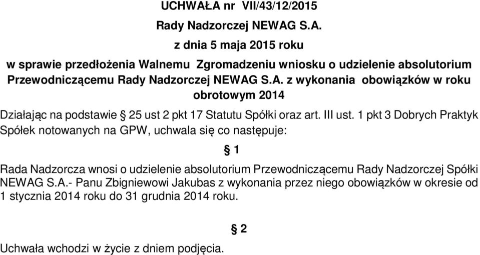 1 pkt 3 Dobrych Praktyk Spółek notowanych na GPW, uchwala się co następuje: Rada Nadzorcza wnosi o udzielenie absolutorium Przewodniczącemu Rady