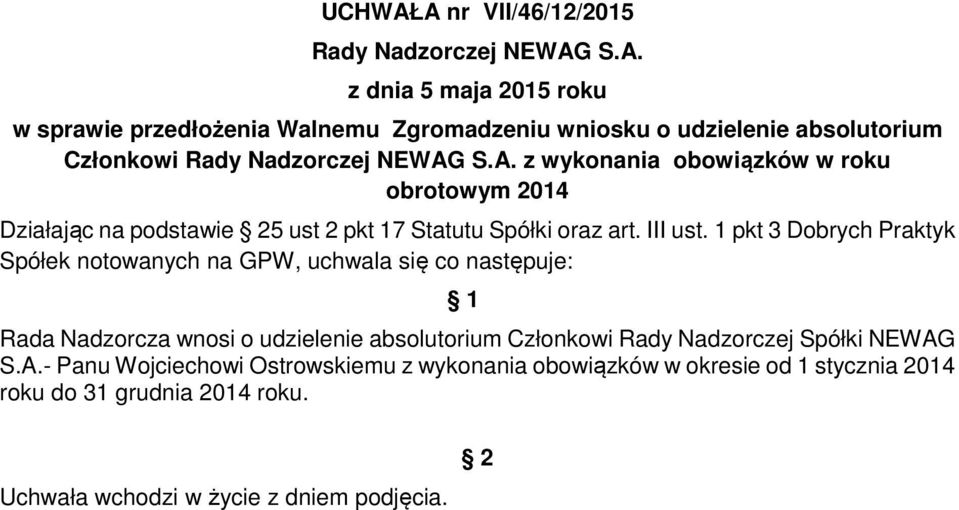 1 pkt 3 Dobrych Praktyk Spółek notowanych na GPW, uchwala się co następuje: Rada Nadzorcza wnosi o udzielenie absolutorium Członkowi Rady