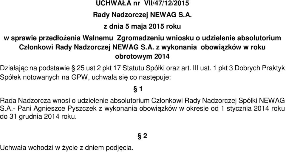 1 pkt 3 Dobrych Praktyk Spółek notowanych na GPW, uchwala się co następuje: Rada Nadzorcza wnosi o udzielenie absolutorium Członkowi Rady